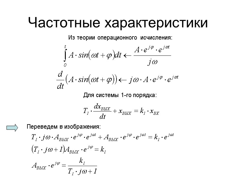 Частотные характеристики Из теории операционного исчисления: Для системы 1-го порядка: Переведем в изображения: